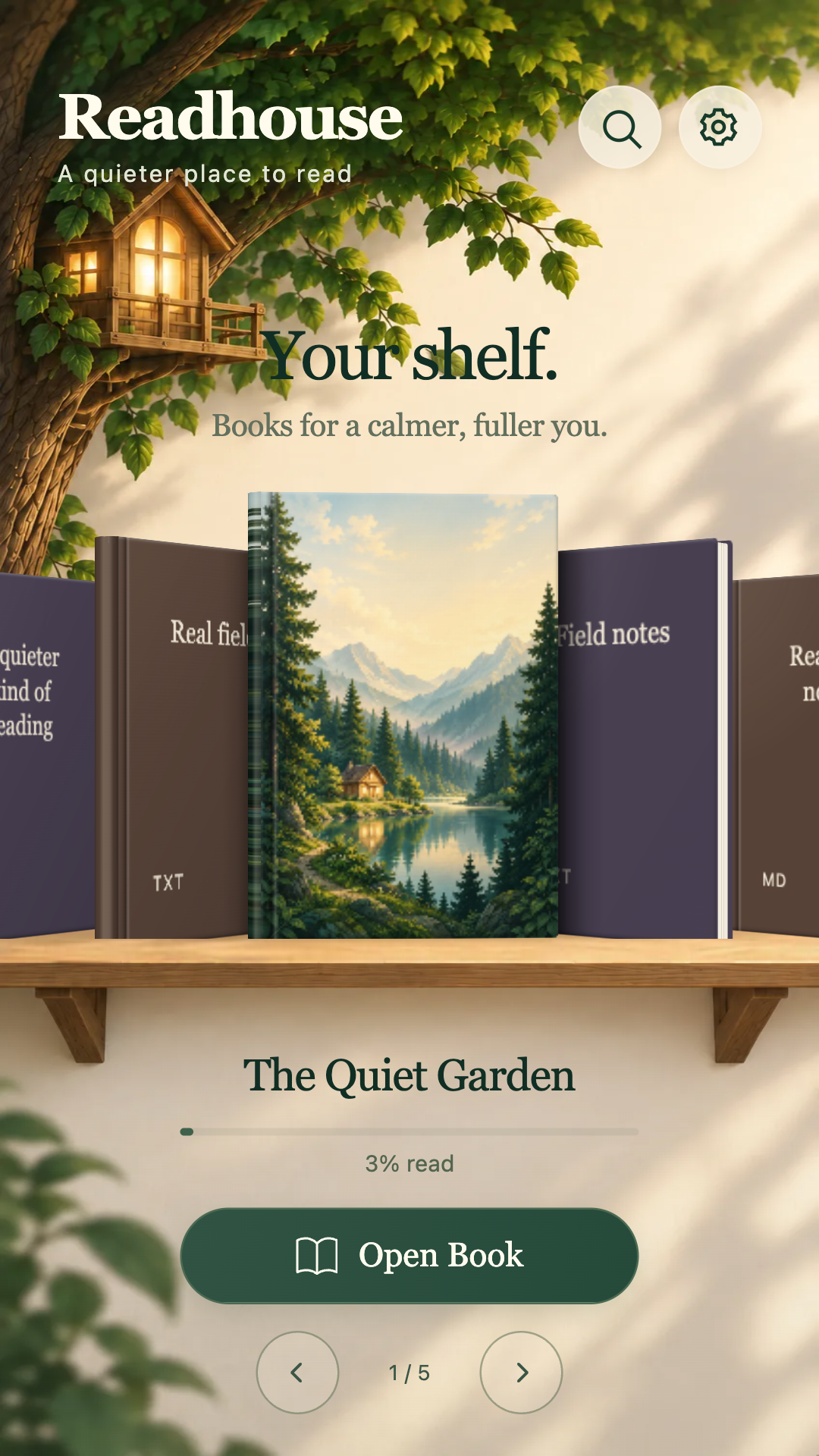 Readhouse’s treehouse shelf, showing the original sample book The Quiet Garden